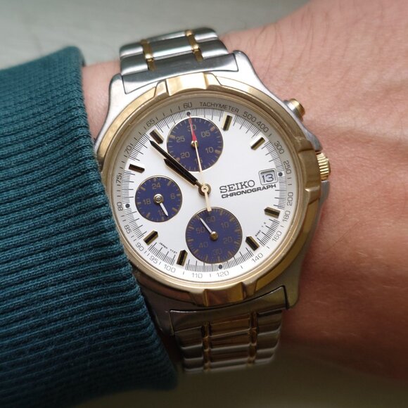 Seiko Chronograph 7T27-6A50 Men's Watch Two-tone Gold Navy JDM Japan New Battery - Picture 2 of 8